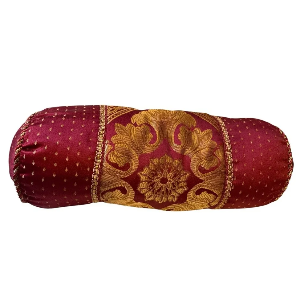 Decorative Bolster Pillow Gold Floral Rope Trim Accent 18